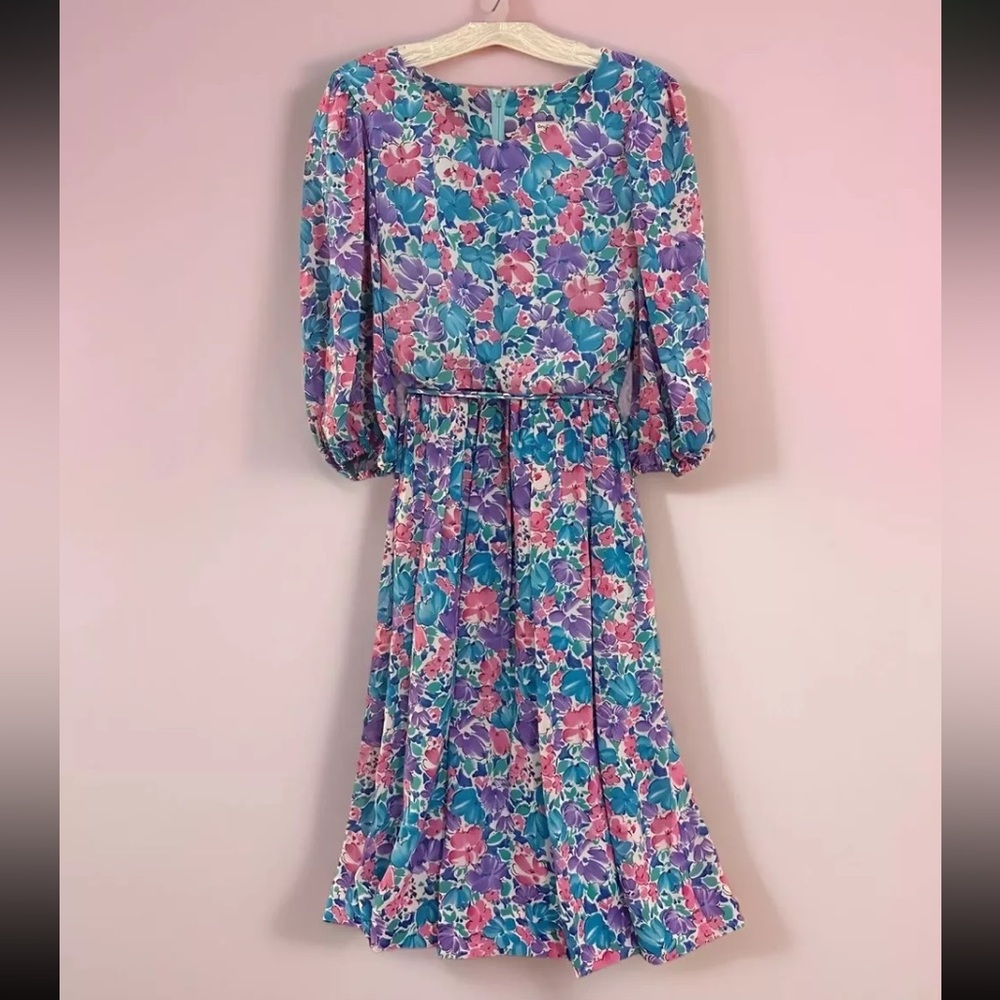Nat Kaplan Couture Vtg 80s Floral Tea Dress Women’s Sz 8 Blue Purple Watercolor